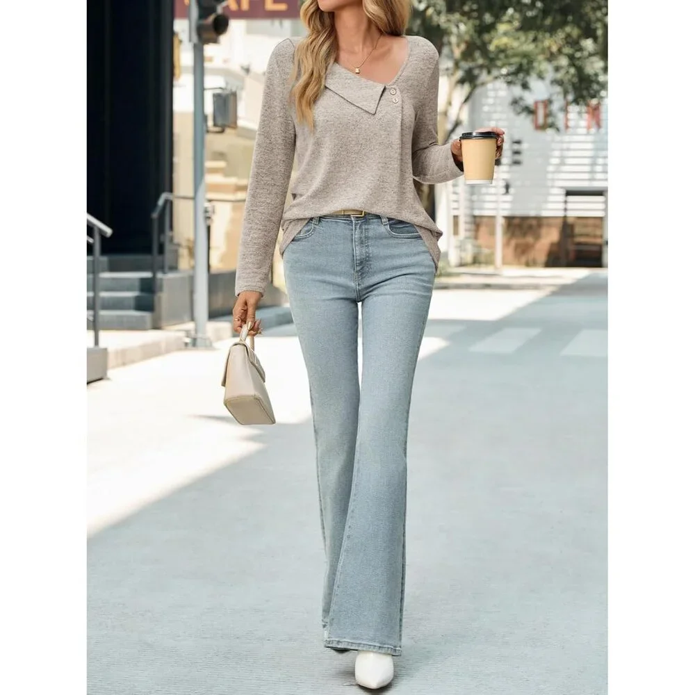 Women's Asymmetric V Neck Long Sleeve Blouse Plus Size Casual Work Top - Picture 5 of 5